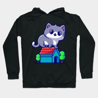 Cute Cat Sitting On House Cartoon Hoodie